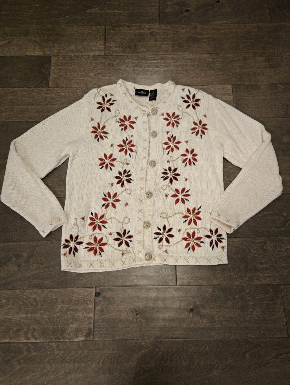 Womens Size M Beaded Christmas Cardigan, Poinstettia, Button Down, Embroidered